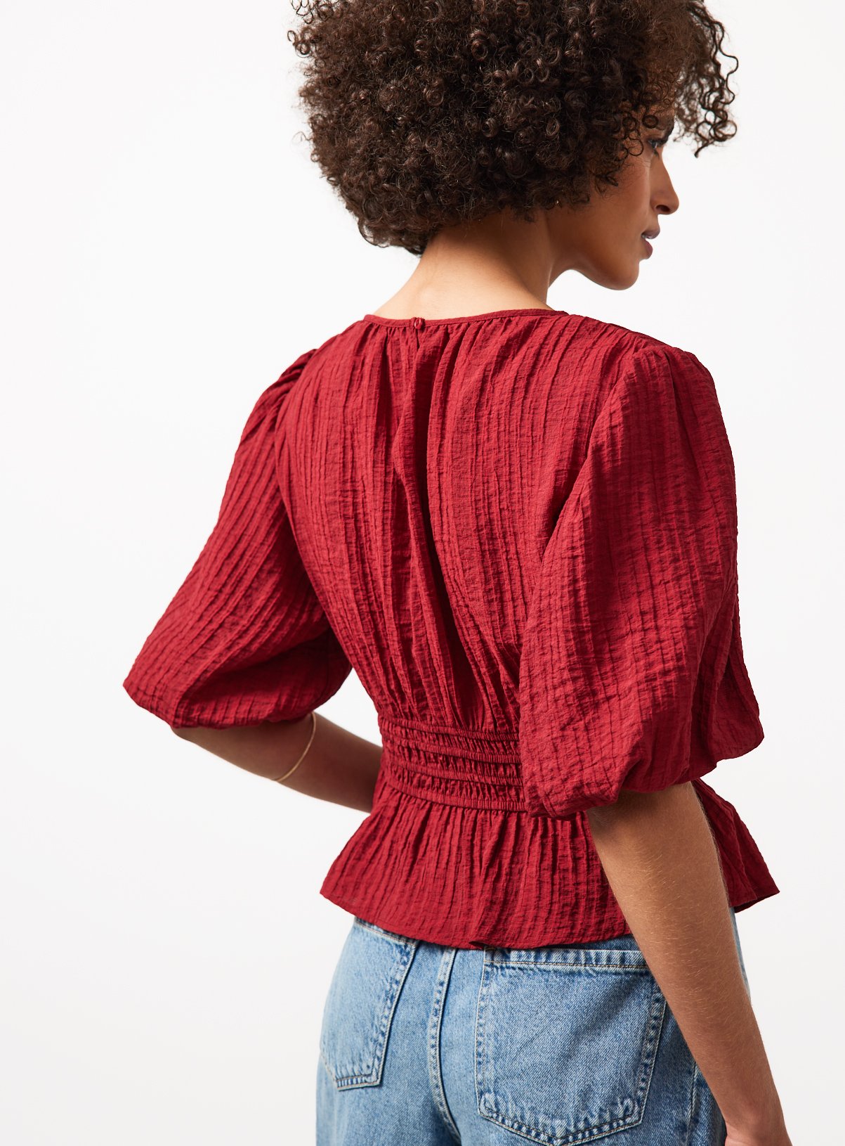 Dark Red Textured Waisted Short Sleeve Blouse 12 - Image 4 thumbnail